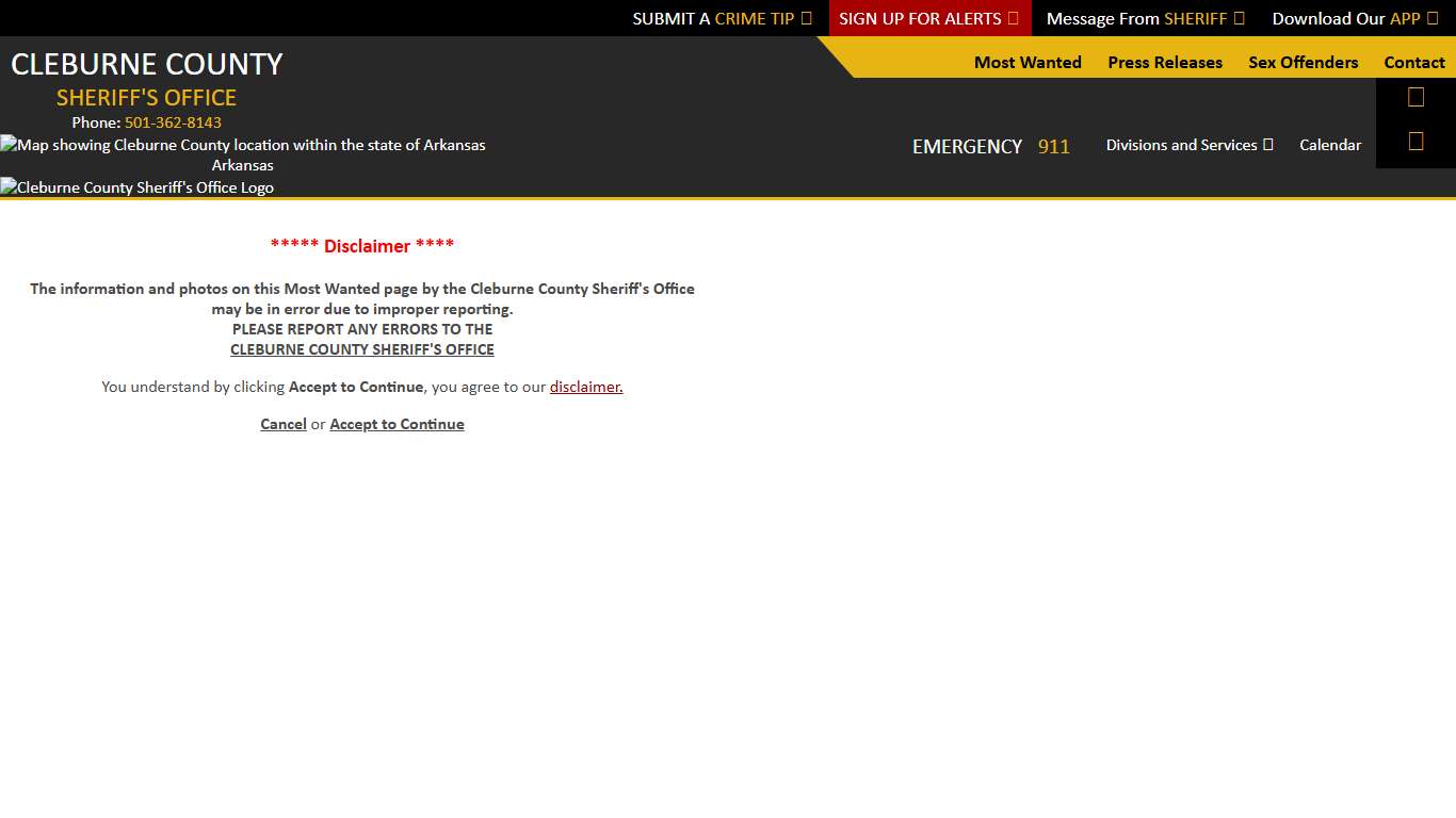 Most Wanted Disclaimer - Cleburne County Sheriff AR